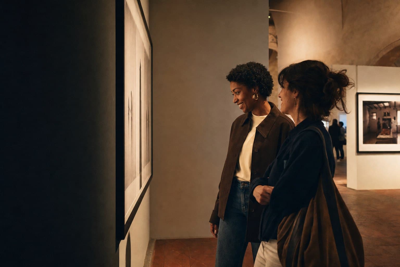 Deux amies découvrent une exposition de photographie.