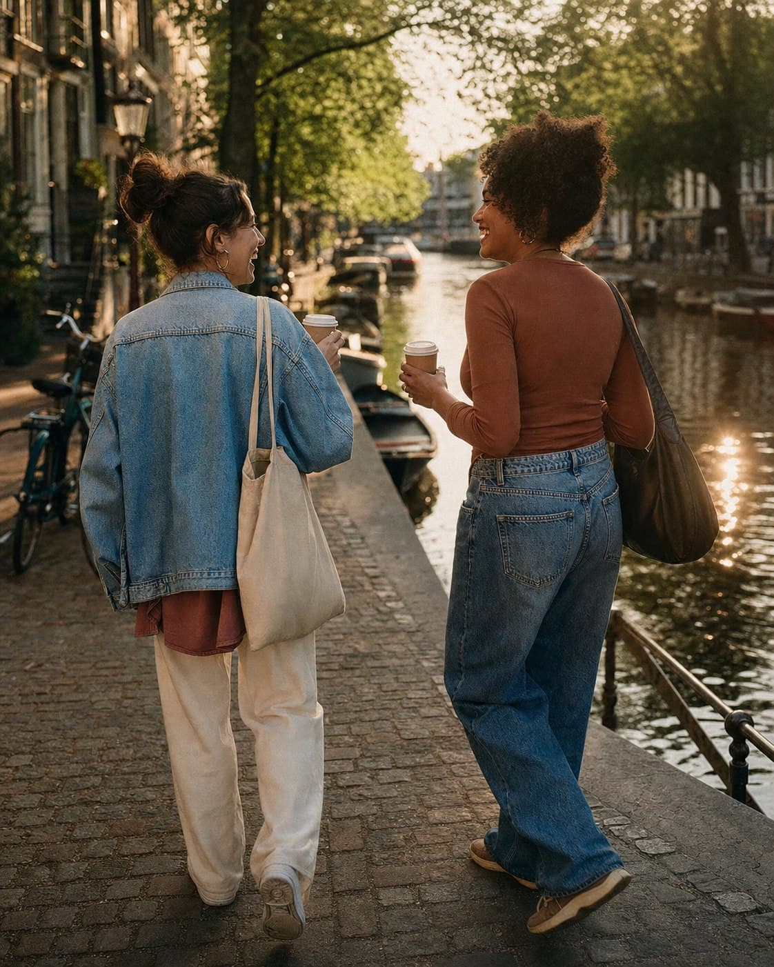 Deux amies discutent en marchant au bord d’un canal.